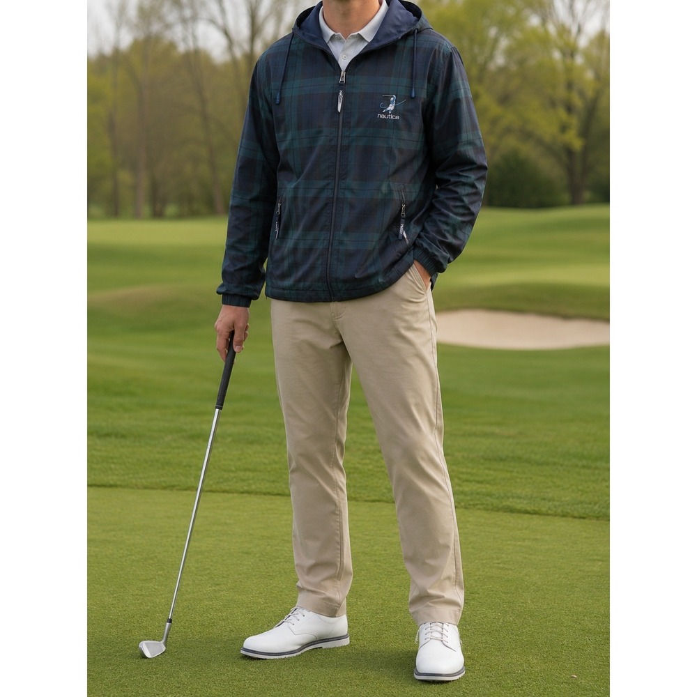 VTG Nautica Mens Green Blue Plaid Windbreaker Jacket Golf Logo Full Zip Large